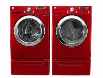 LG TROMM Red Front Load Washer & Dryer Set with Pedestals – Excellent Working Condition