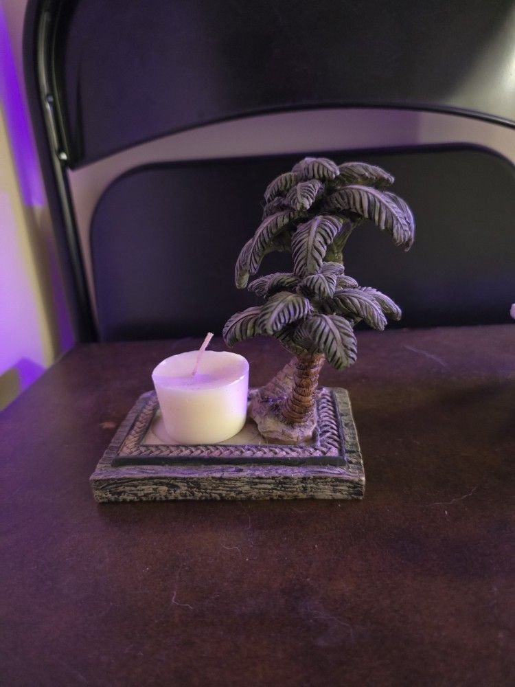 Palm Tree Votive Candle Holder With White Candle Vintage