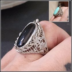 VINTAGE ORNATE VICTORIAN SIZE 7 TURQUOISE BLACK ONYX REVERSIBLE SWIVEL ROTATING FLIP DOUBLE-SIDED SILVER FILIGREE ART DECO RING JEWELRY COLLECTIBLE
