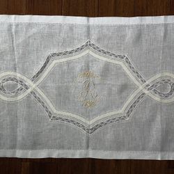 Vintage Linen White One Beige “R” Hand Embroidered Table Runner. 