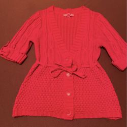 Red Button Up Cardigan with Waist Tie