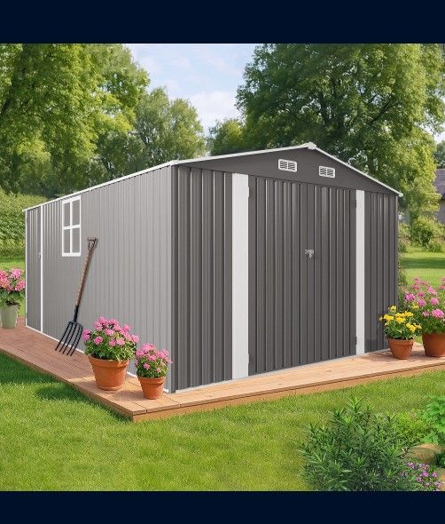 10x14 FT Outdoor Metal Storage Shed, Durable Garden Shed with Three Lockable Doors and Clear Window for Backyard, Patio, Garden, All-Weather Shelter f