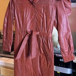 Vintage Brown Leather Trench Coat with Belt and Shoulder Flap 1970s