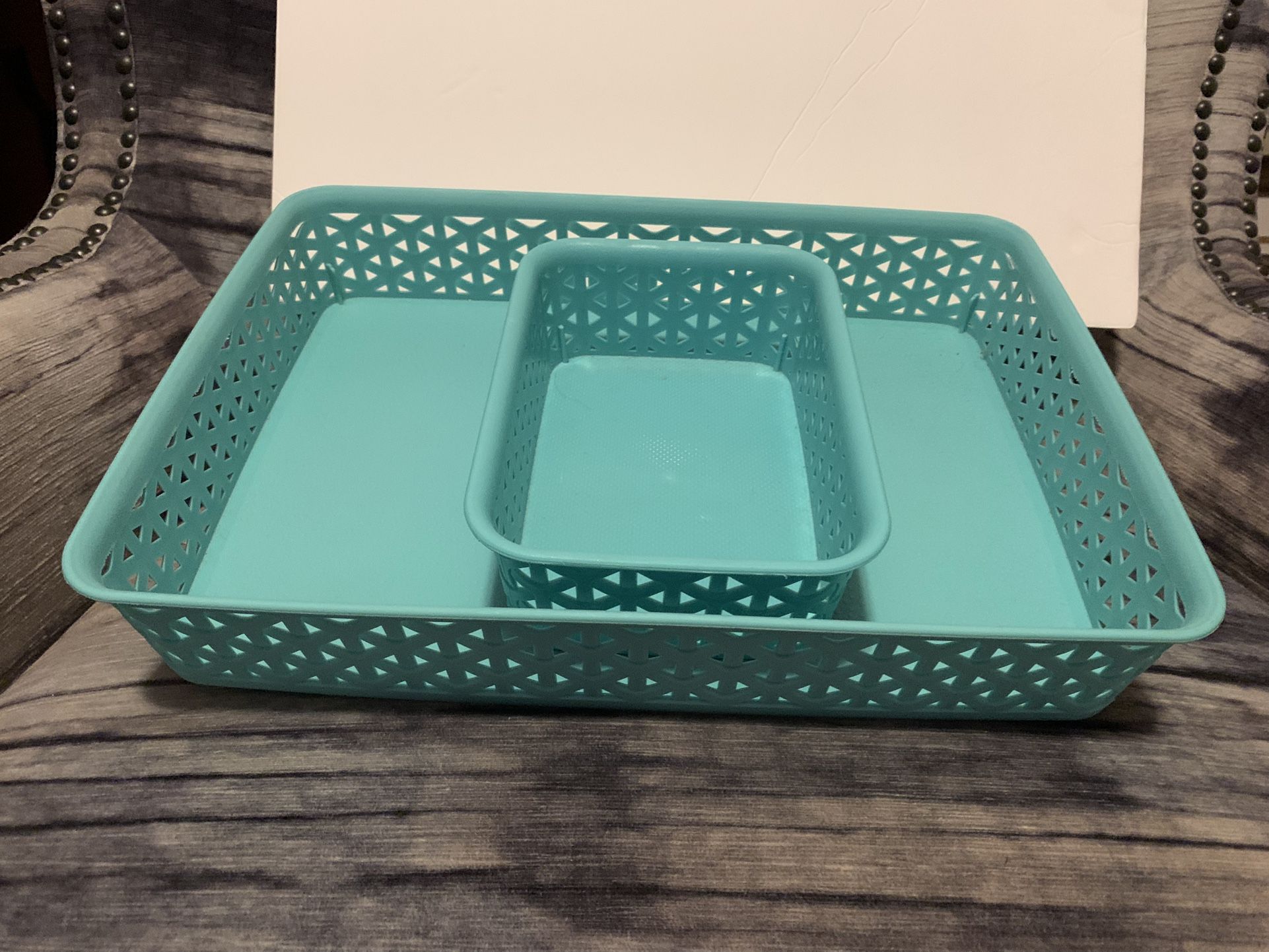 2 Piece Large Aqua Blue Color Organizers. W/ Weaved Side Design. Great For Kids, Office Or Kitchen.