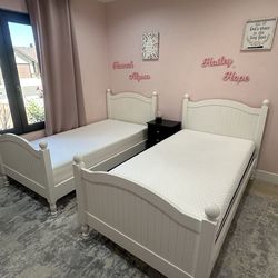 Pottery Barn Catalina white twin bed with NEW mattresses Helix twilight and Serta