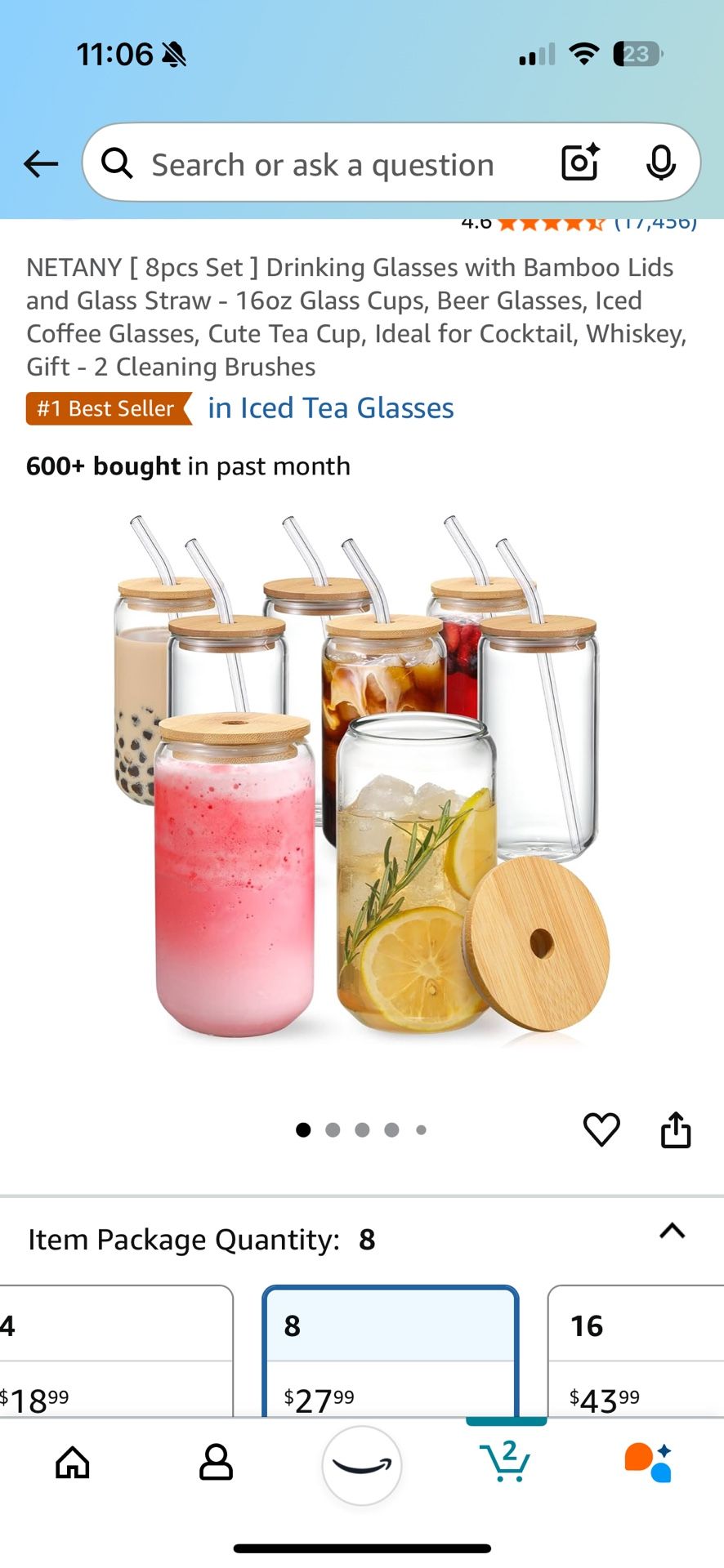 NEW  8pcs Set Drinking Glasses with Bamboo Lids and Glass Straws