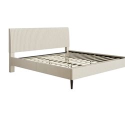 Upholstered Velvet Platform Bed, No Box Spring Required, King, Cream