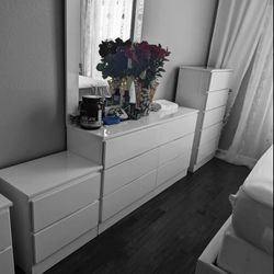 New White Glossy Set Dresser Mirror Chest And One Nightstand 