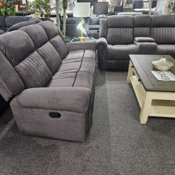 Brand New Gray Padded Linen Manual Reclining Sofa + Loveseat With Cup Holders