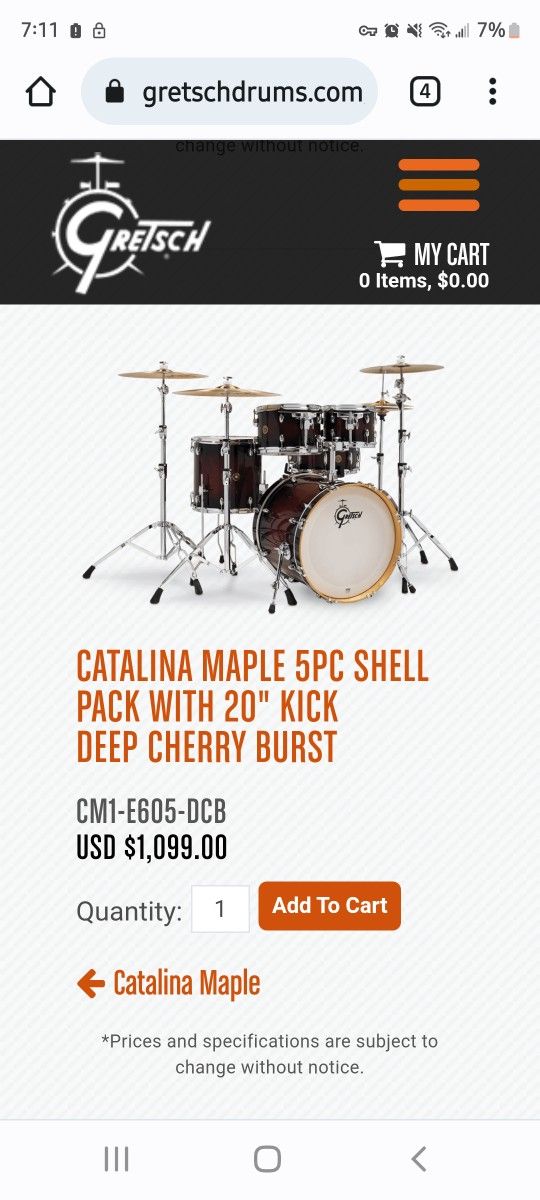 "Gretsch" Catalina Maple 5-Piece Drum Set with Kick