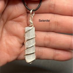 Selenite Wire Wrapped Pendant Necklace with leather cord from Morocco
