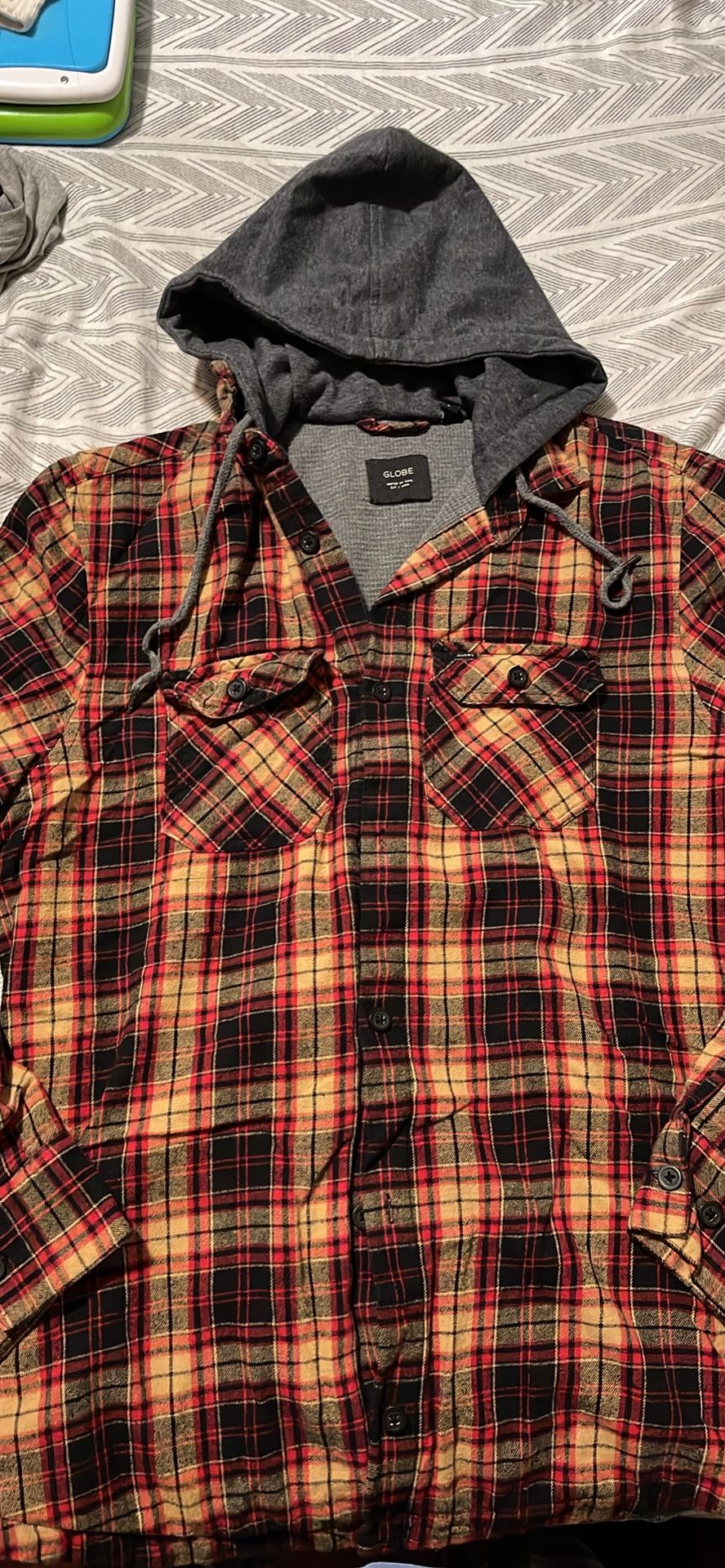 NWT Globe Men's Hooded Flannel ALFORD Shirt Tobacco Plaid L Light Jacket