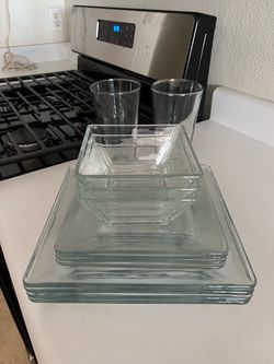 Four glass plates, for salad bowls, and for salad plates