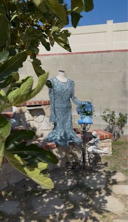 Blue Beaded Lace Mermaid Evening Gown