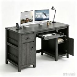 Farmhouse-style computer desk. Comes with a pull-out keyboard tray, drawers, in dark gray, 58"W × 22"D × 29.5"H