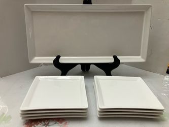 Set of 9; World Market White Appetizer Dessert 14” Tray & 8 Square Plates 5" Excellent Condition