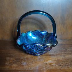 Vintage Midnite Blue Iridescent Carnival Glass Basket 6x6 