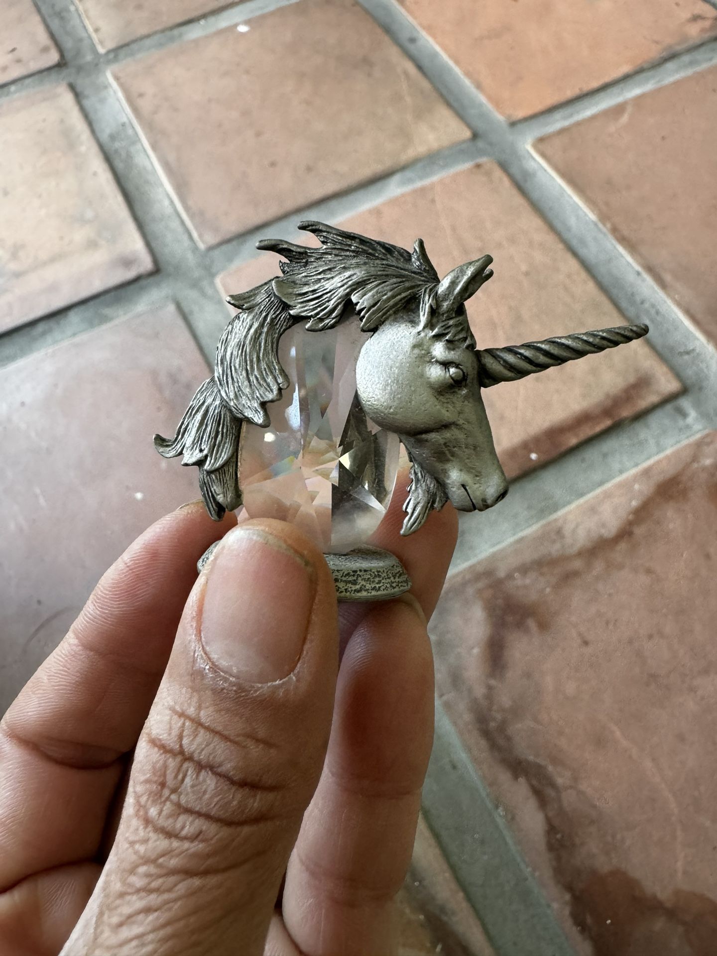 Vintage Pewter And Crystal Unicorn Head Statue
