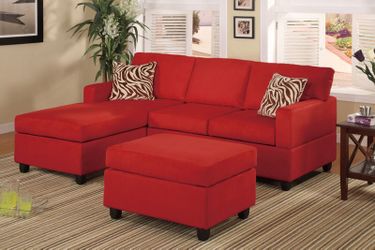 Red sectional w pillows and ottoman