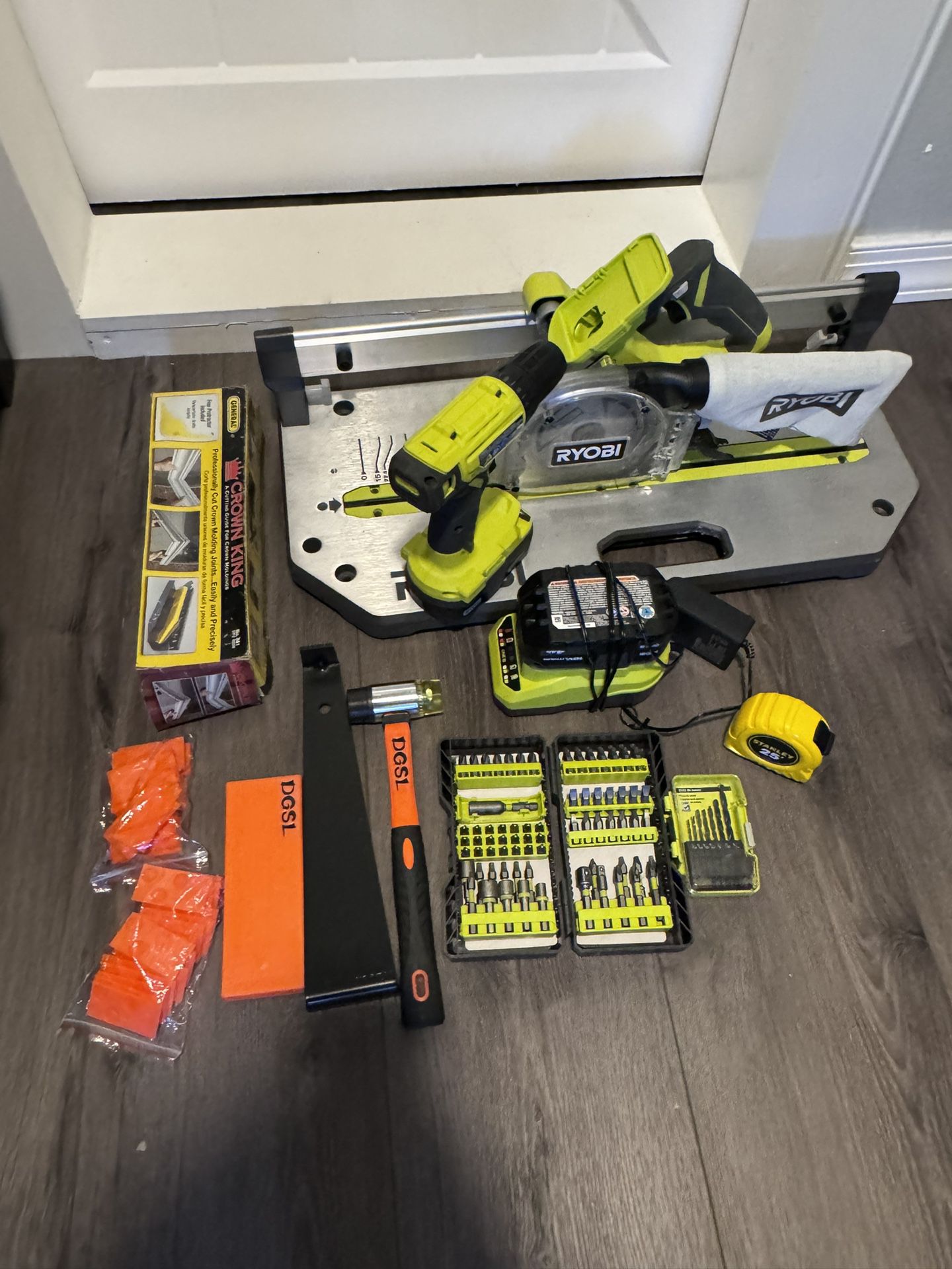 Cordless Flooring Saw with Blade, High Capacity Battery, Drill, Crown Molding Guide And Flooring Tools