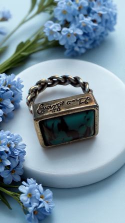 “Grow Strong With Nature”, Rectangle Faux Turquoise Chain Band Ring 925 New