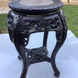 Antique Rosewood Chinese Hand Carved Wood And Marble Plant Stand 