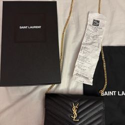 YSL Black Cassandre Chain Wallet in Grain de poudre leather