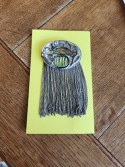 Vintage 3.5" Art Deco Style Abalone Silver Fringe Tassel Rhinestone Pin Brooch