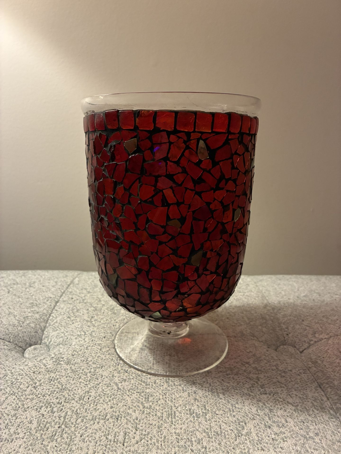 RED MOSAIC HURRICANE GLASS VASE /CANDLE HOLDER TALL 8.75"