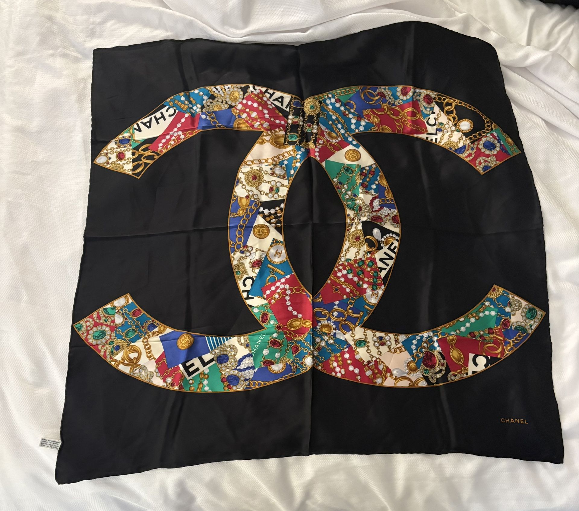 Chanel Black and Multicolor Silk Scarf