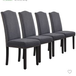 4 Fabric Upholstered Dining Chairs W/ Nail trim Dark Gray