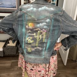 Hand Painted Desert Denim Jacket Size Lg