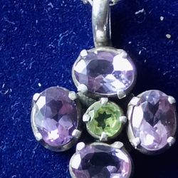 925 Sterling Link Chain With Emethist & Green Stone 18" Charm 