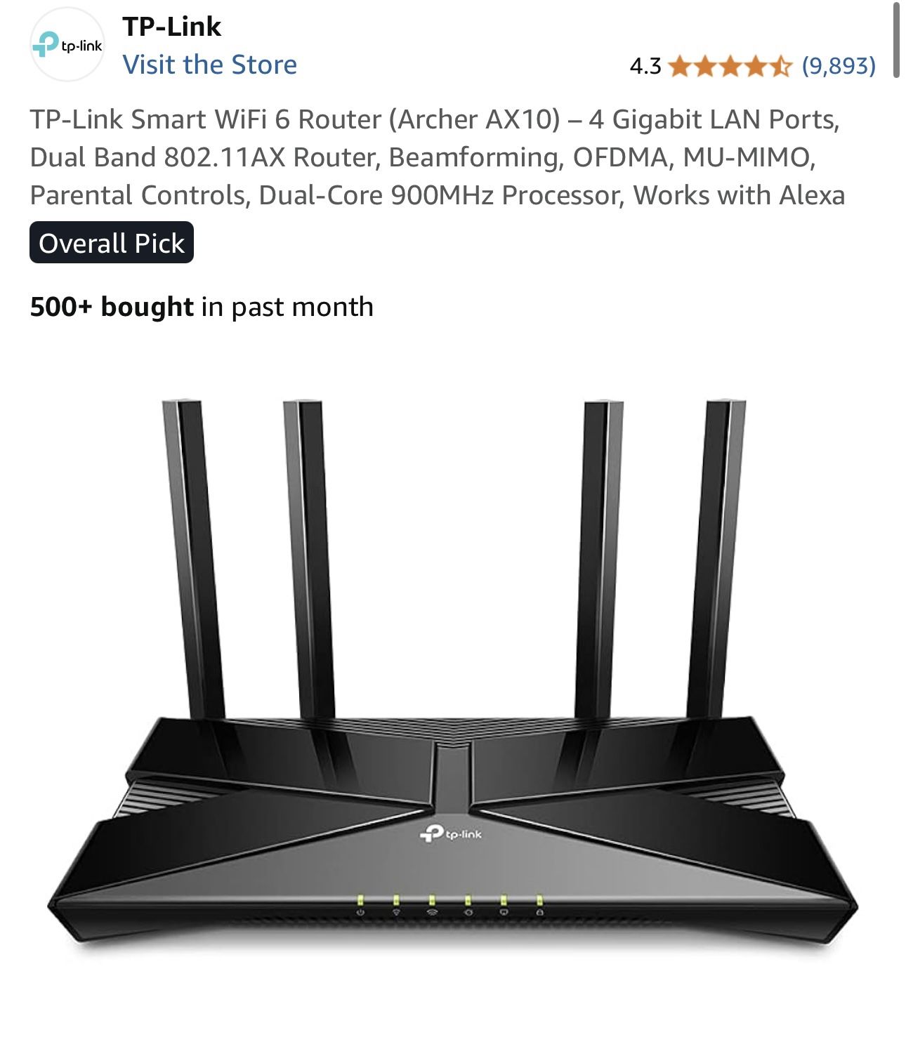 TP-Link AX10 Smart WIFI 6 Router Archer AX10