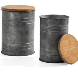 Glitzhome Rustic End Tables Set of 2, Farmhouse Galvanized Metal Barrel Ottoman Storage Stools