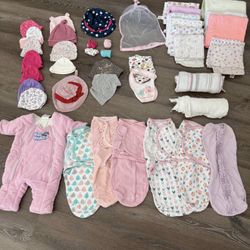 Baby Girl Bundle(swaddle,blanket, Bibs, Socks, Mittens ) $65 For All 