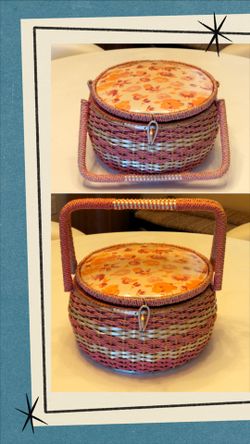 Vintage Woven Wicker Pink/Multicolor Sewing Basket With Tray- Dritz Japan. See Description