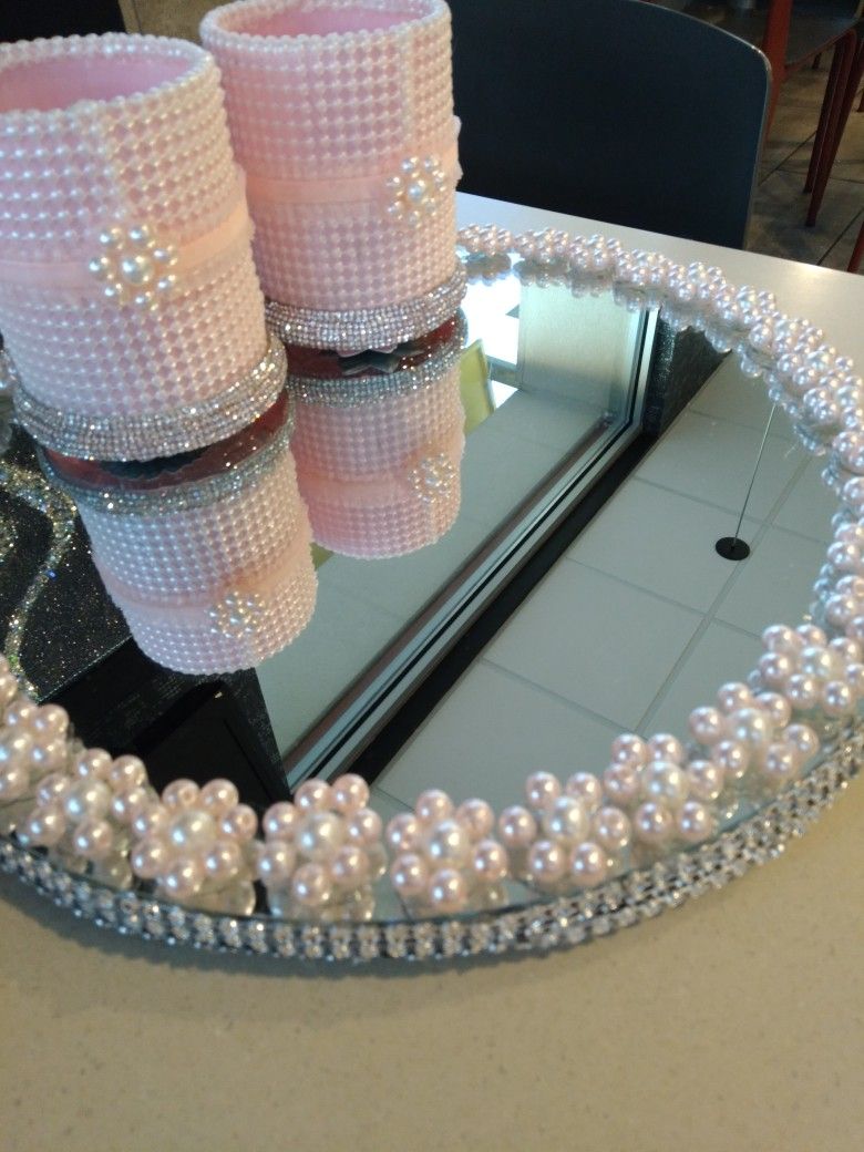12 Inch GLAM MIRROR COVERED IN PINK PEARLS