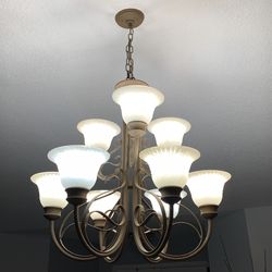 Hanging Lamp Antique Bronze Style  9 Satin Glass Shades