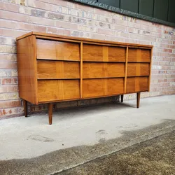 Mid Century Modern Walnut Louvered Front 9 Drawer Lowboy Dresser Vintage