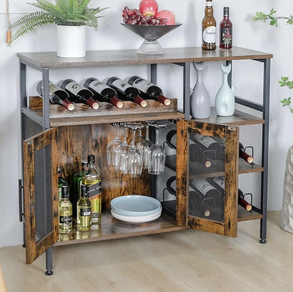 NEW  Bar Liquor Cocktail Cabinet - Wine Rack Table w/Glass Holder - Coffee Station Buffet