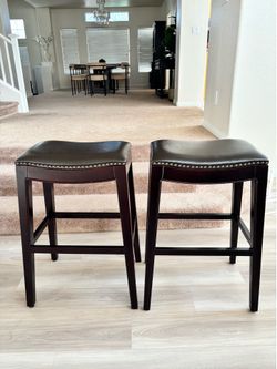 Set of 2 Espresso Saddle Bar Stools with Nailhead Trim