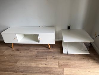 White Mid-Century TV Stand and Side Table Set