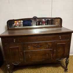 Antique 1920s Oak Buffet / Sideboard with Mirror – Vintage Dining Room Cabinet