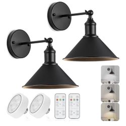 Vintage Black Wireless Battery Operated Wall Sconces, Cordless LED Wall Lights Set of 2 with Remote Control, for Bedroom, Farmhouse, Gallery - Easy Se