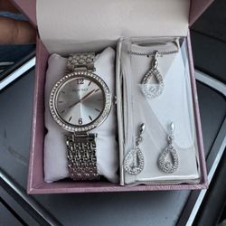 Silver Watch With Necklace And Matching earrings 