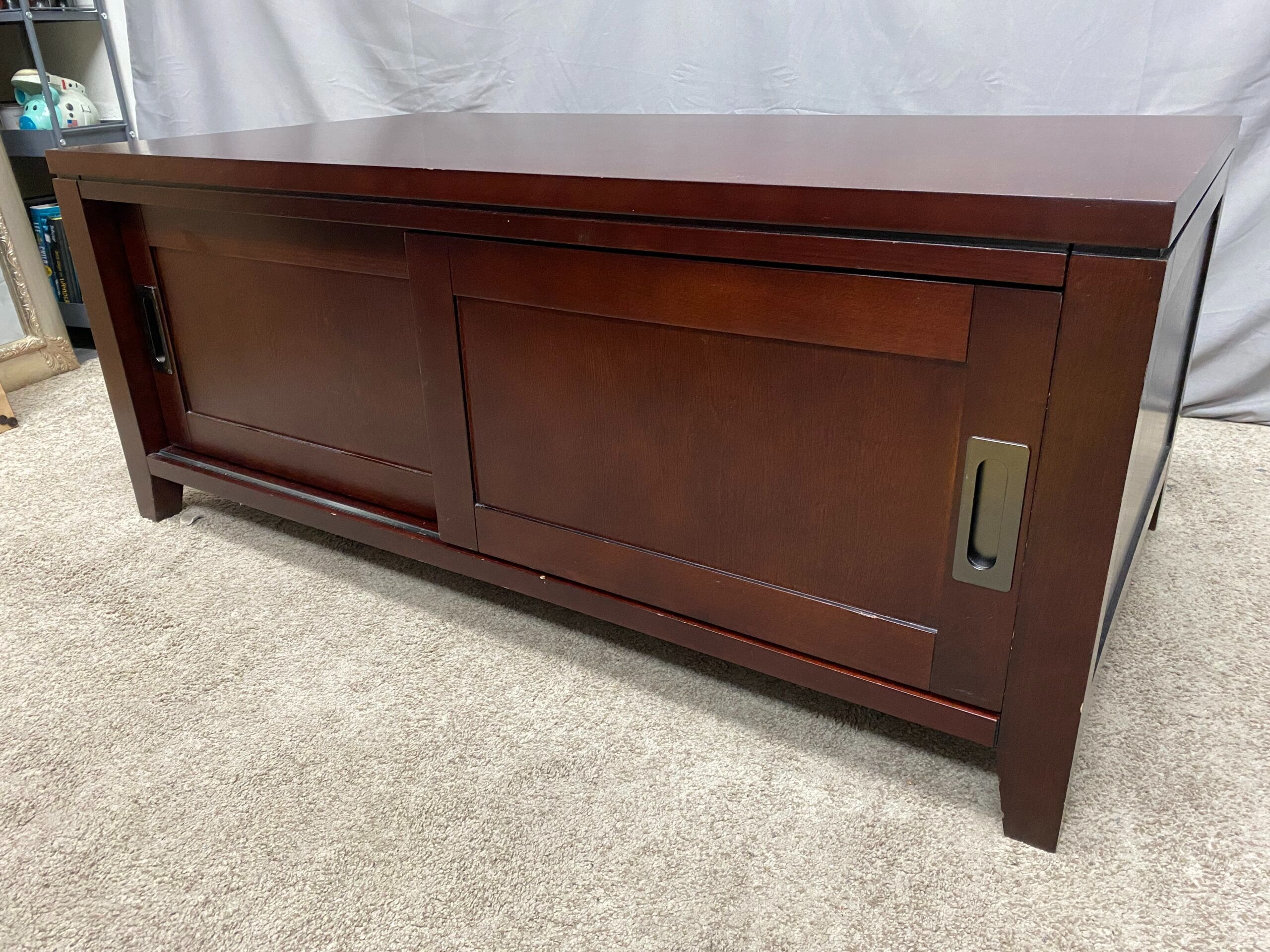 Cherry Finished Transitional Sliding Door TV Stand