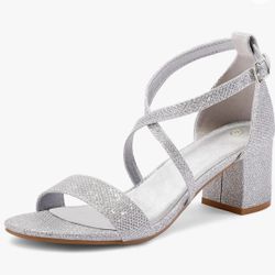 Silver Chunky Heel Dress Sandal Ankle Strap 7 New 
