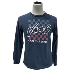 Vans Men's Navy Blue Heather Checkered Logo Long Sleeve Tee T-Shirt Size Medium