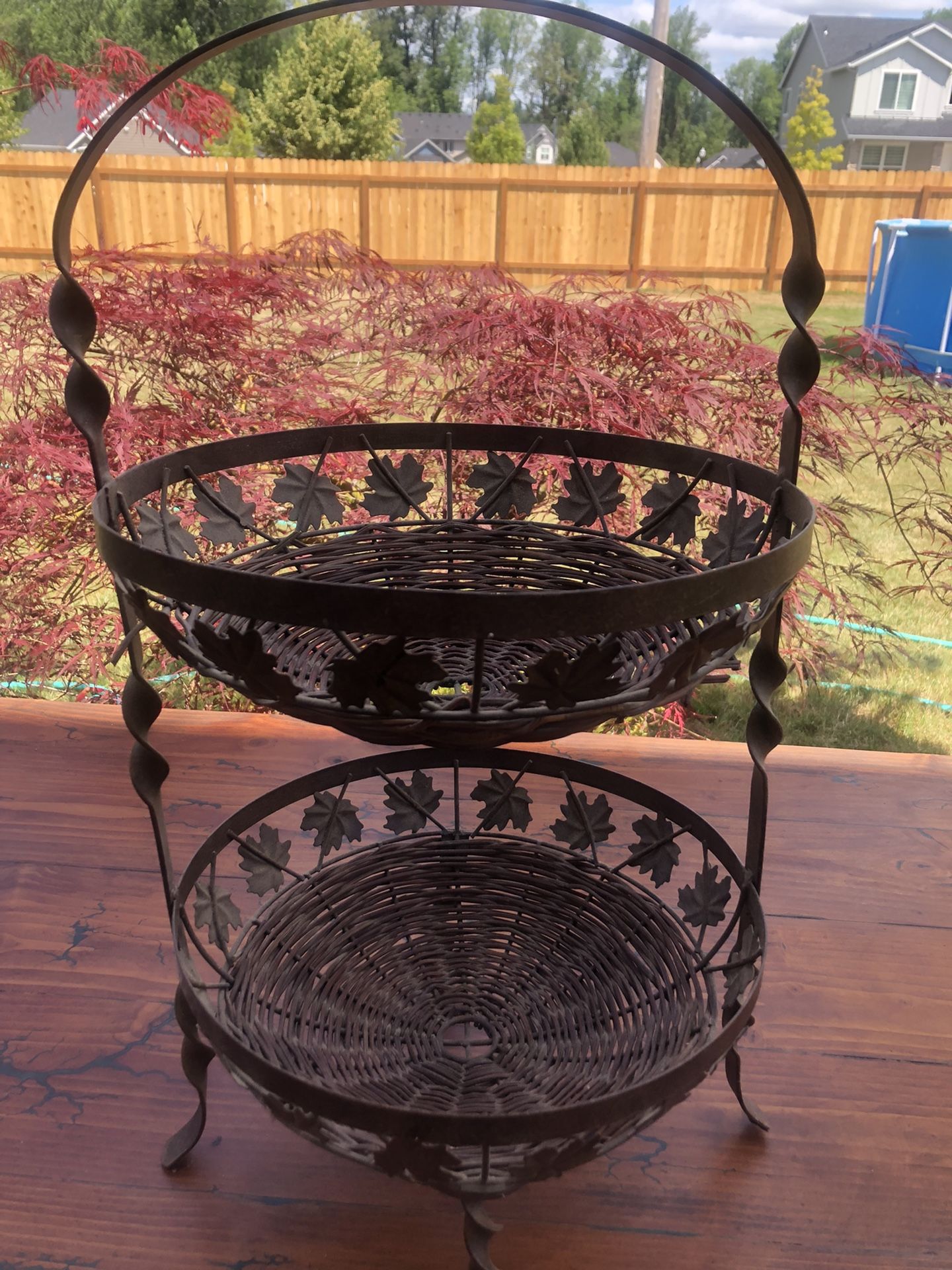 Vintage Wrought Iron And Wicker Tiered Basket